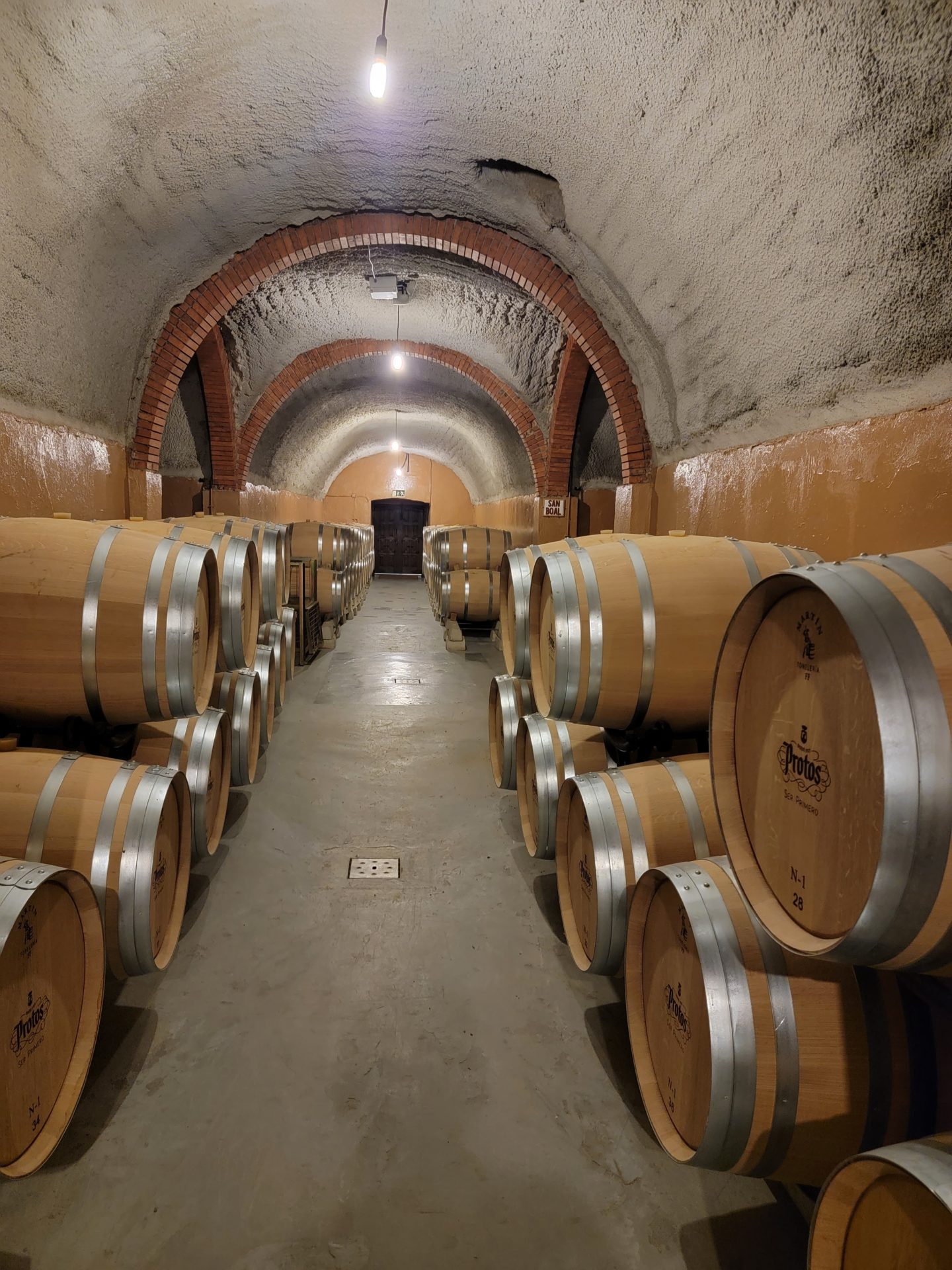 a group of barrels in a cellar