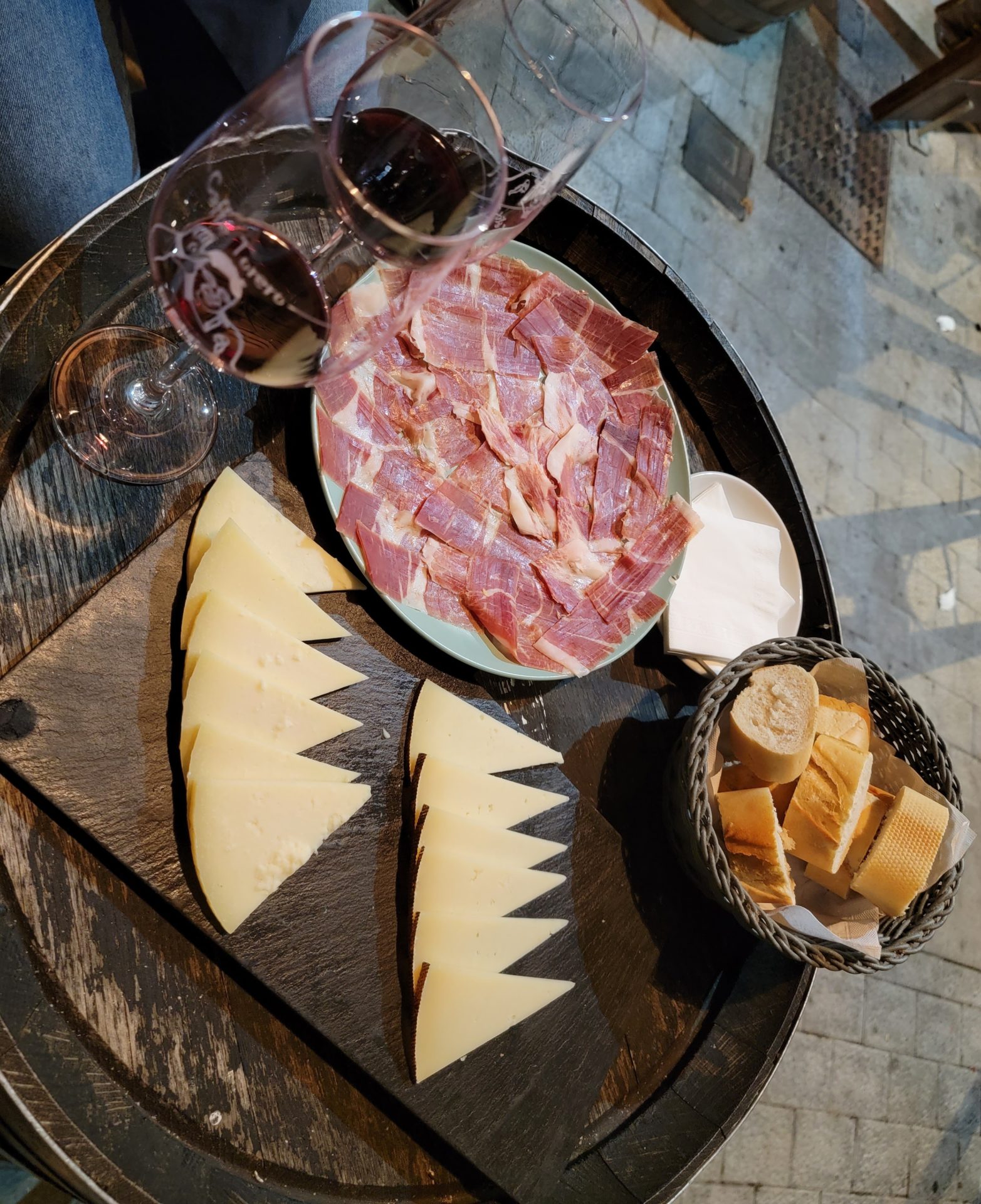a plate of food and wine glasses