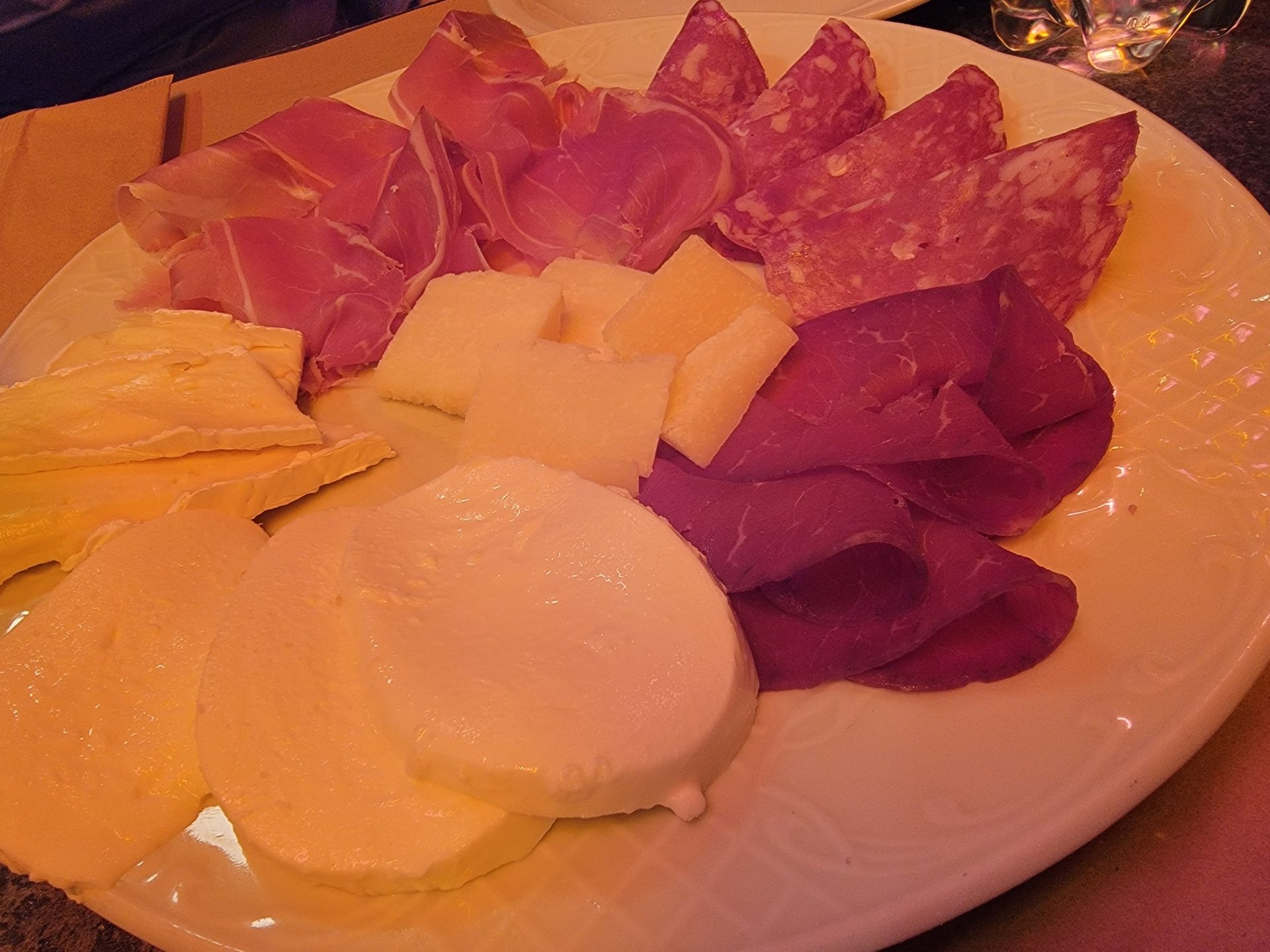 a plate of meat and cheese