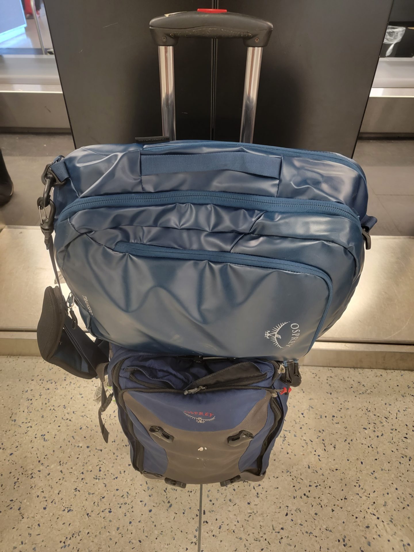 a blue and grey backpack