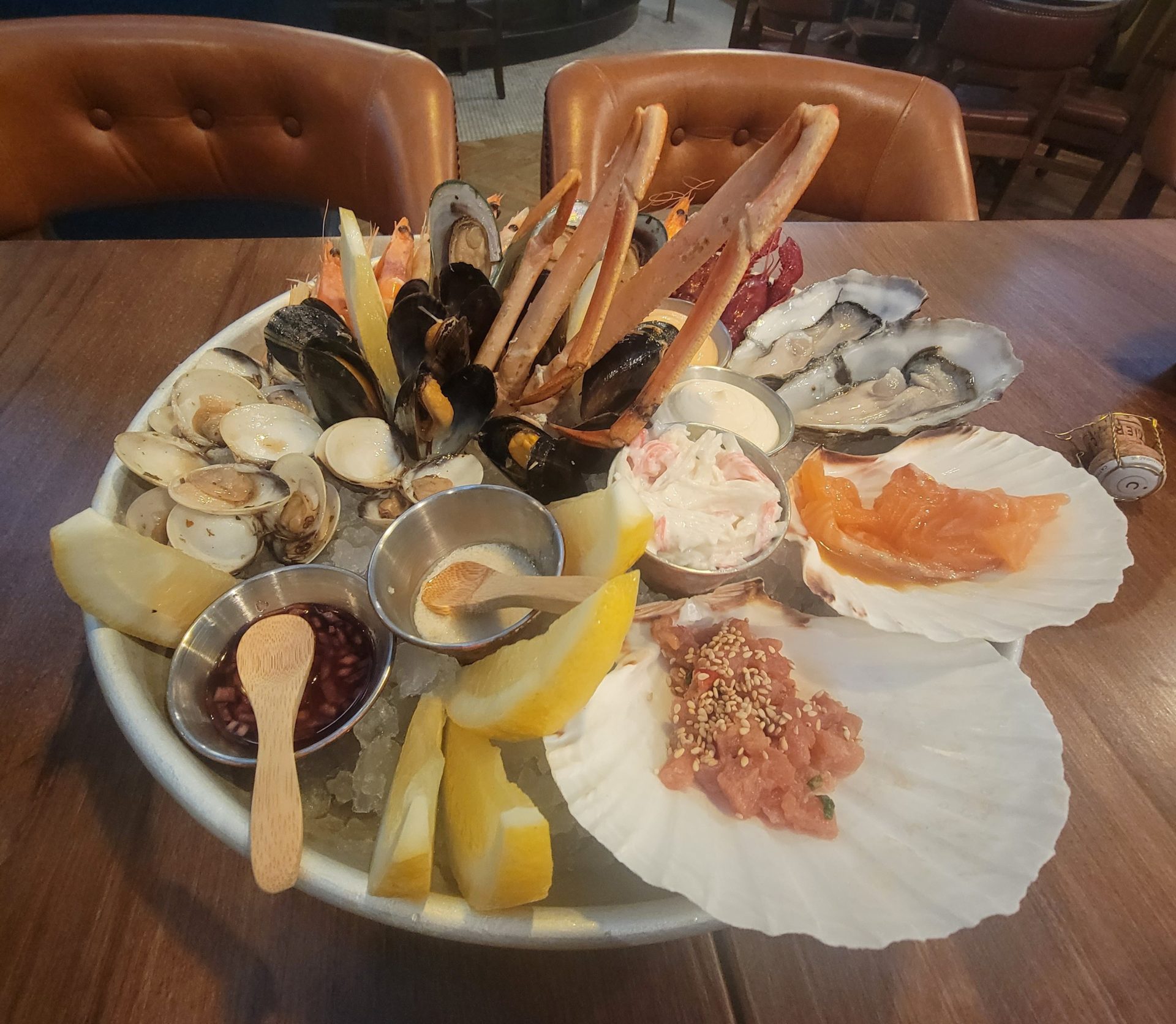 a plate of seafood on a table