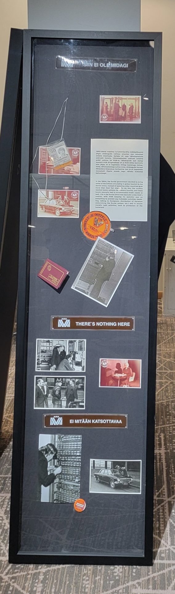 a display case with pictures and text