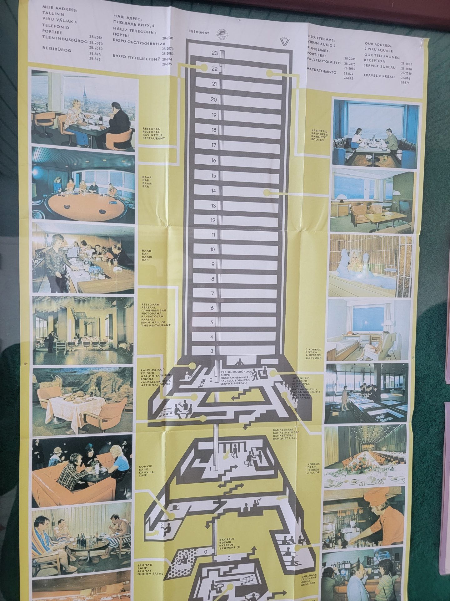 a poster with pictures of people and a tall building