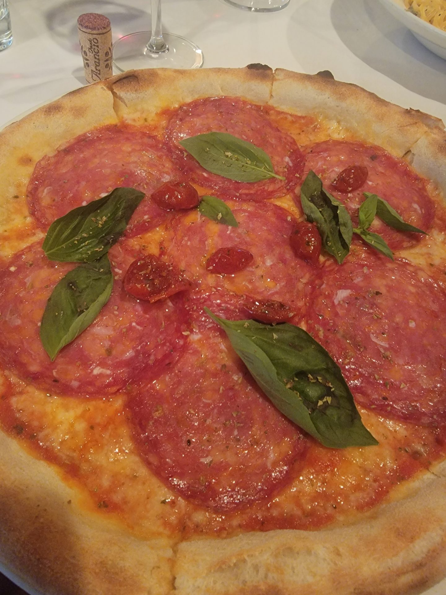 a pizza with pepperoni and basil