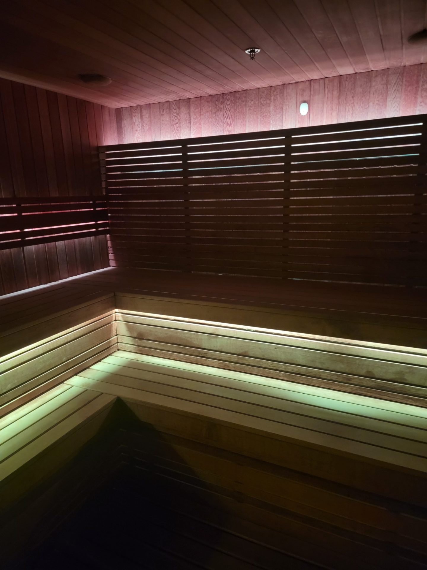 a wooden sauna with lights