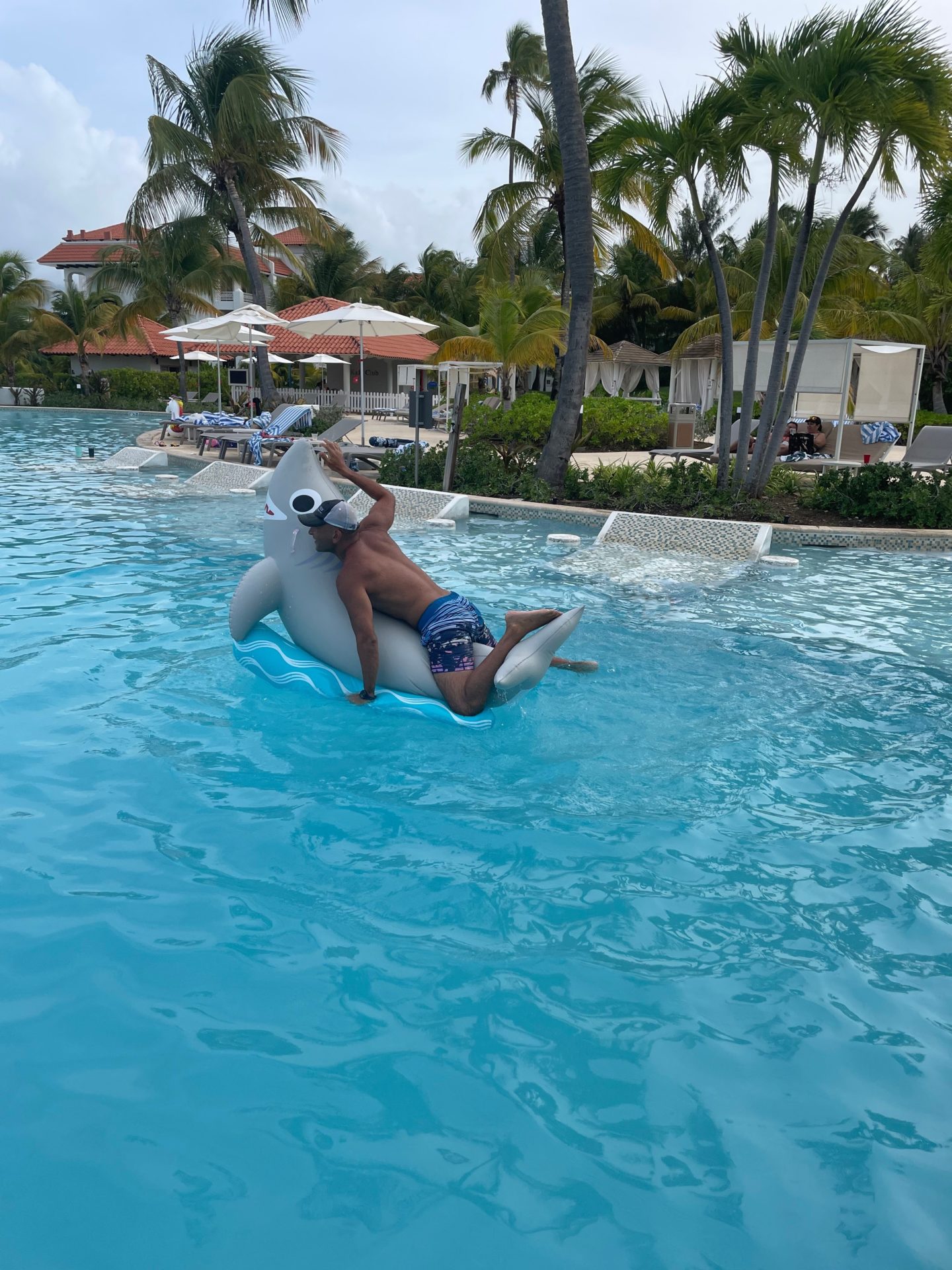 a man on a inflatable dolphin in a pool