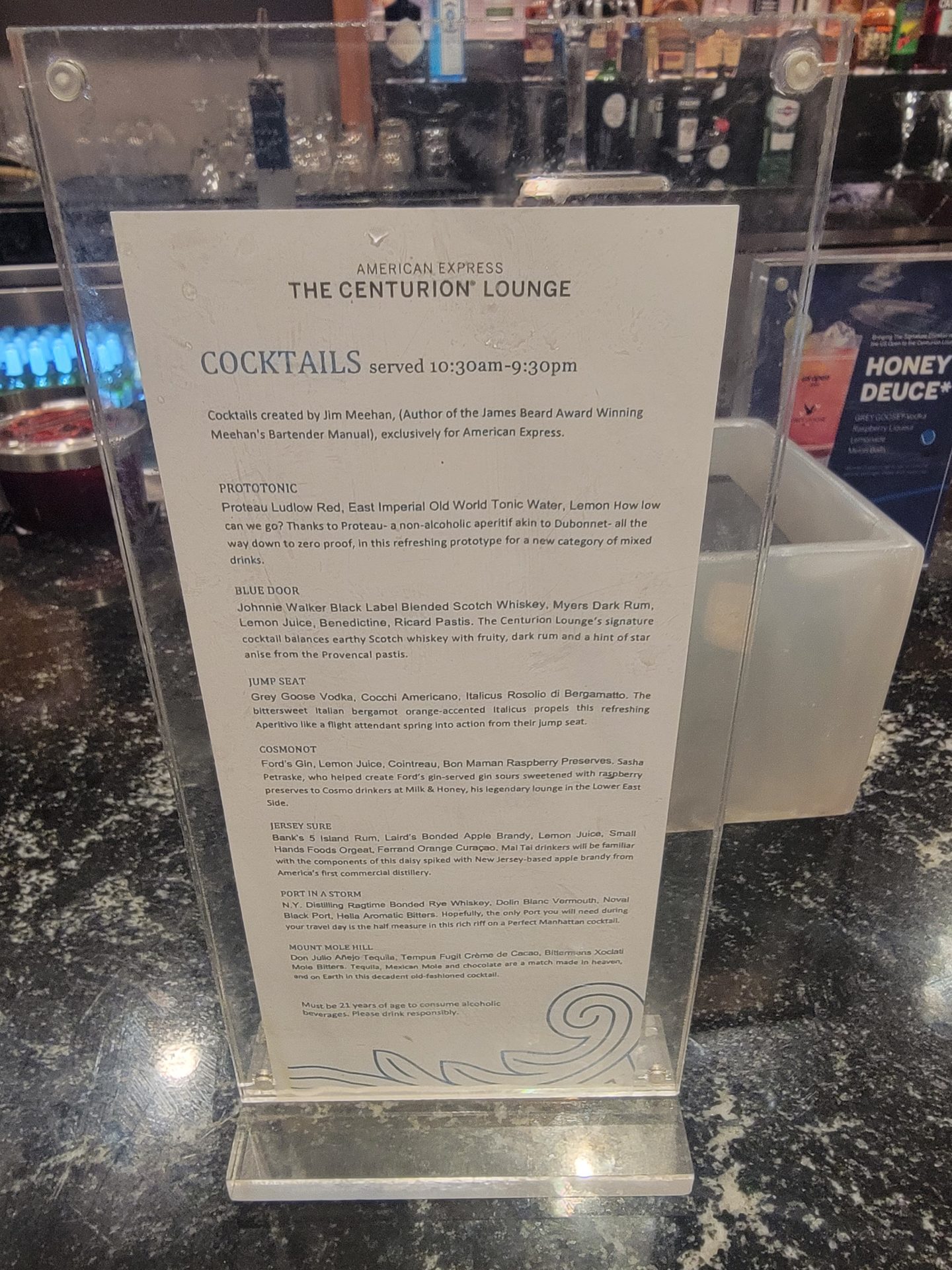 a menu in a clear plastic case