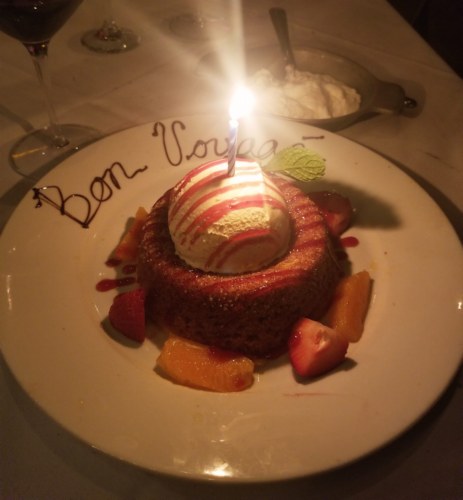 a dessert with a lit candle on it
