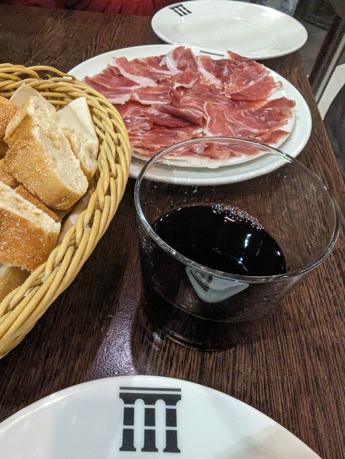 a plate of meat and bread on a table