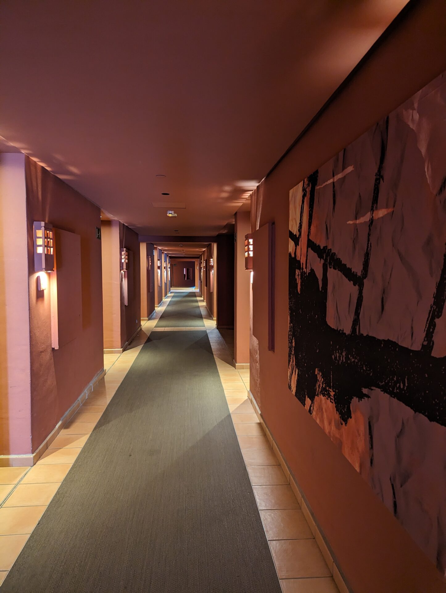 a long hallway with art on the walls