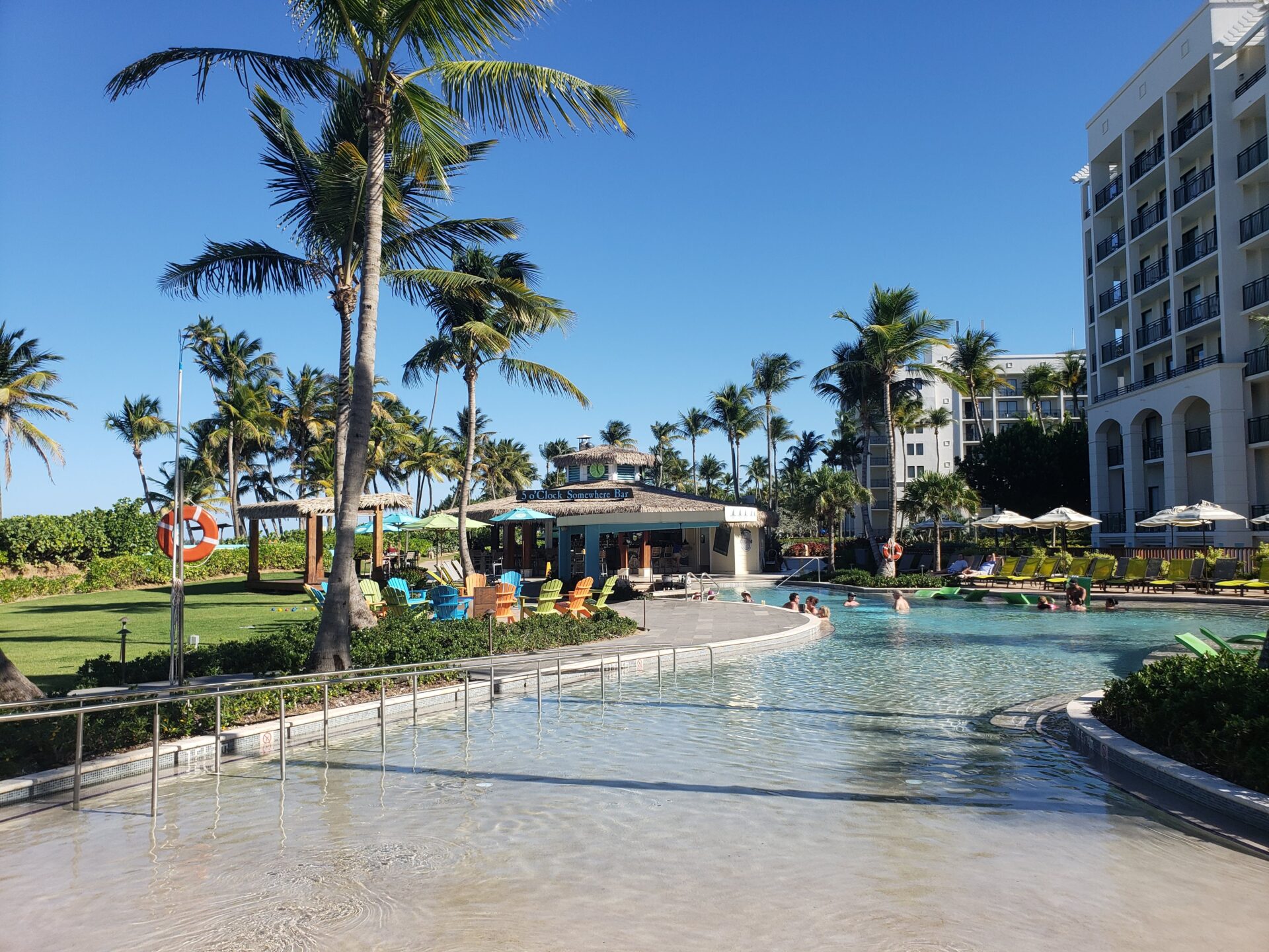 a pool with palm trees and buildings