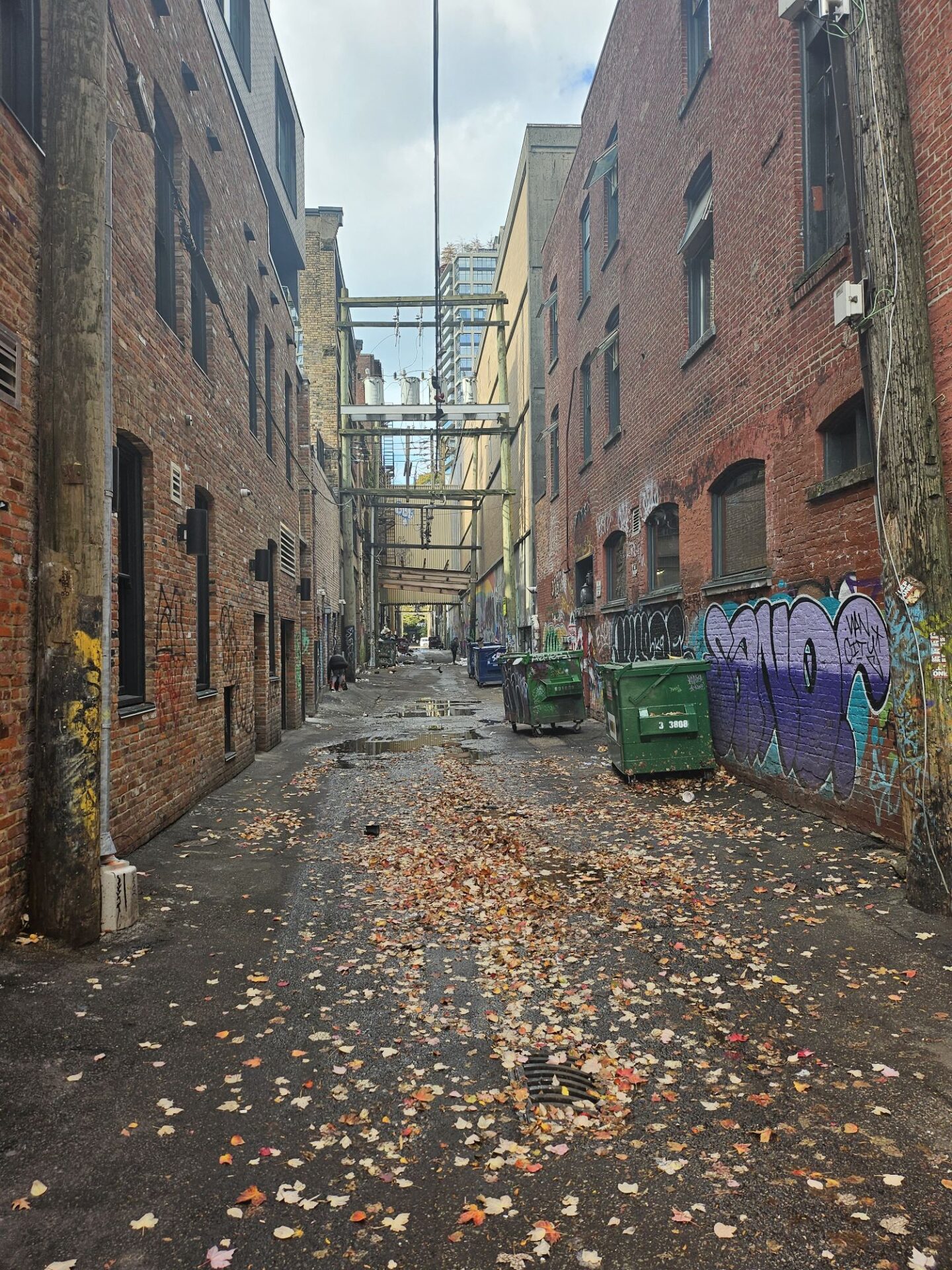a alley with graffiti on the side of it