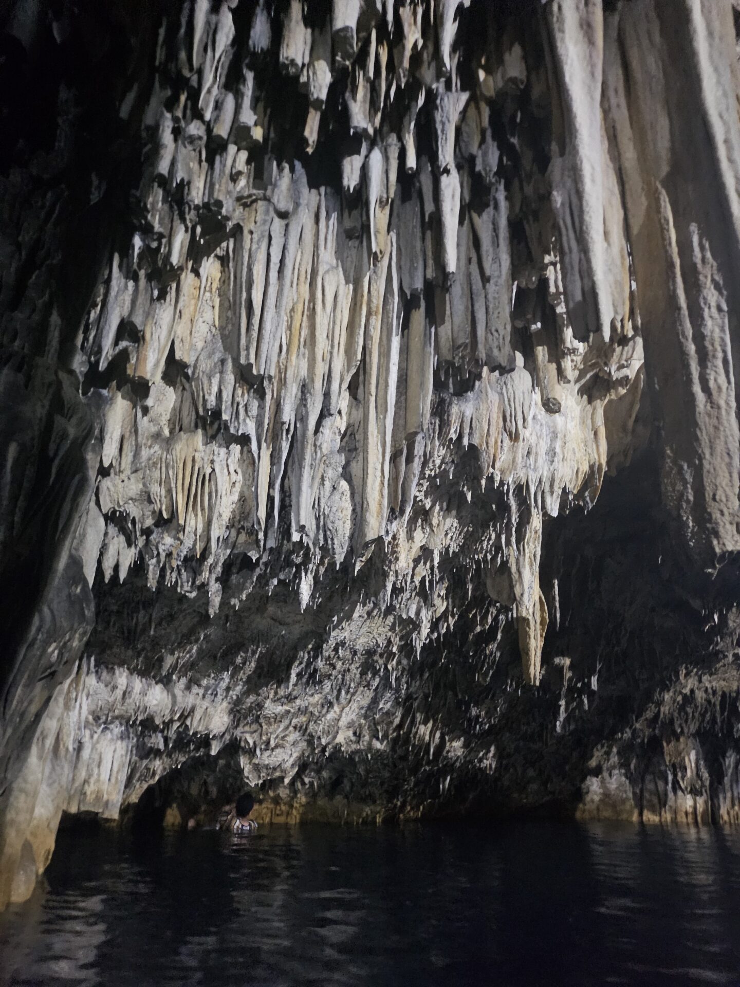a cave with water and stalactites