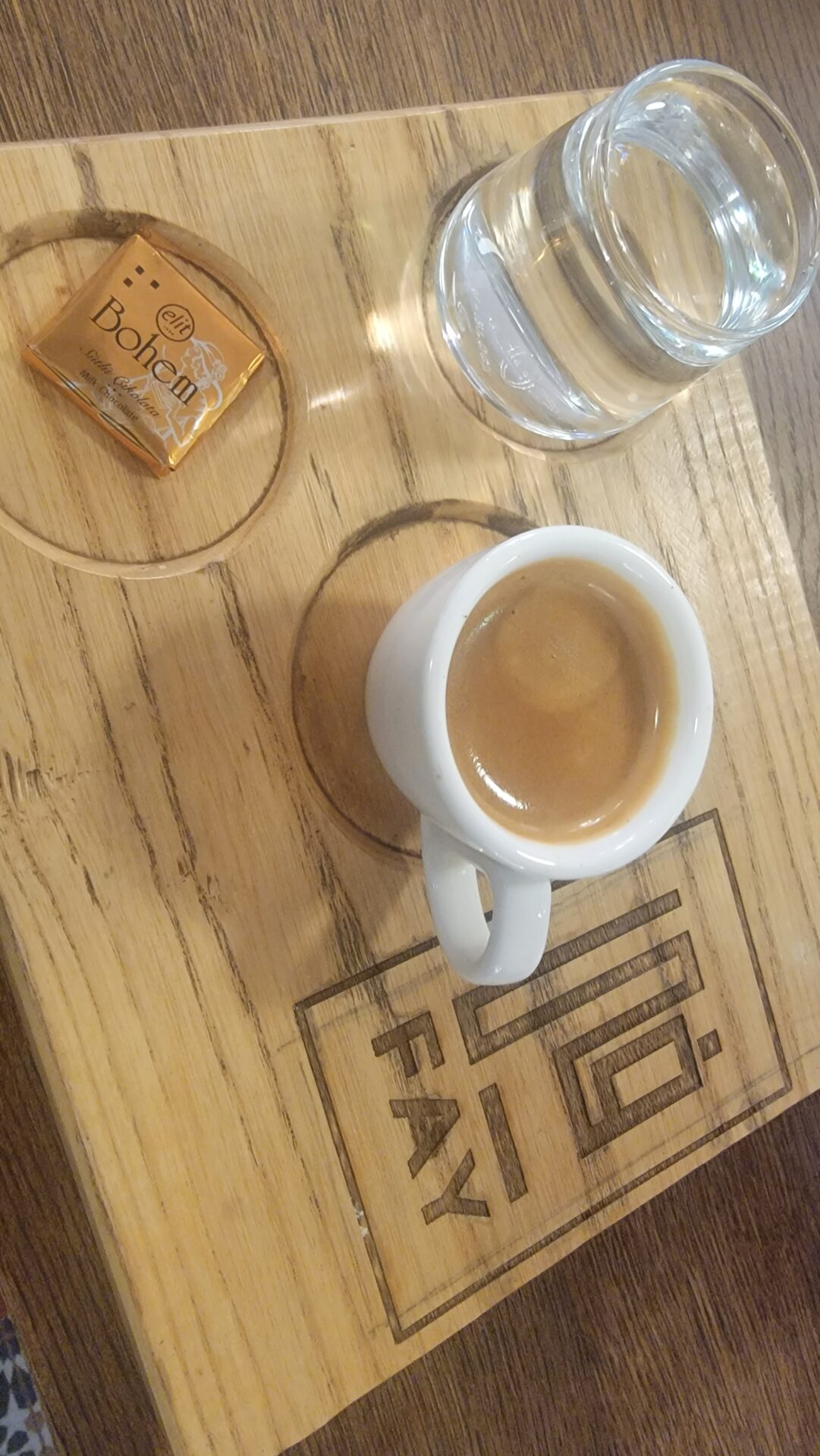 a cup of coffee and a glass of water