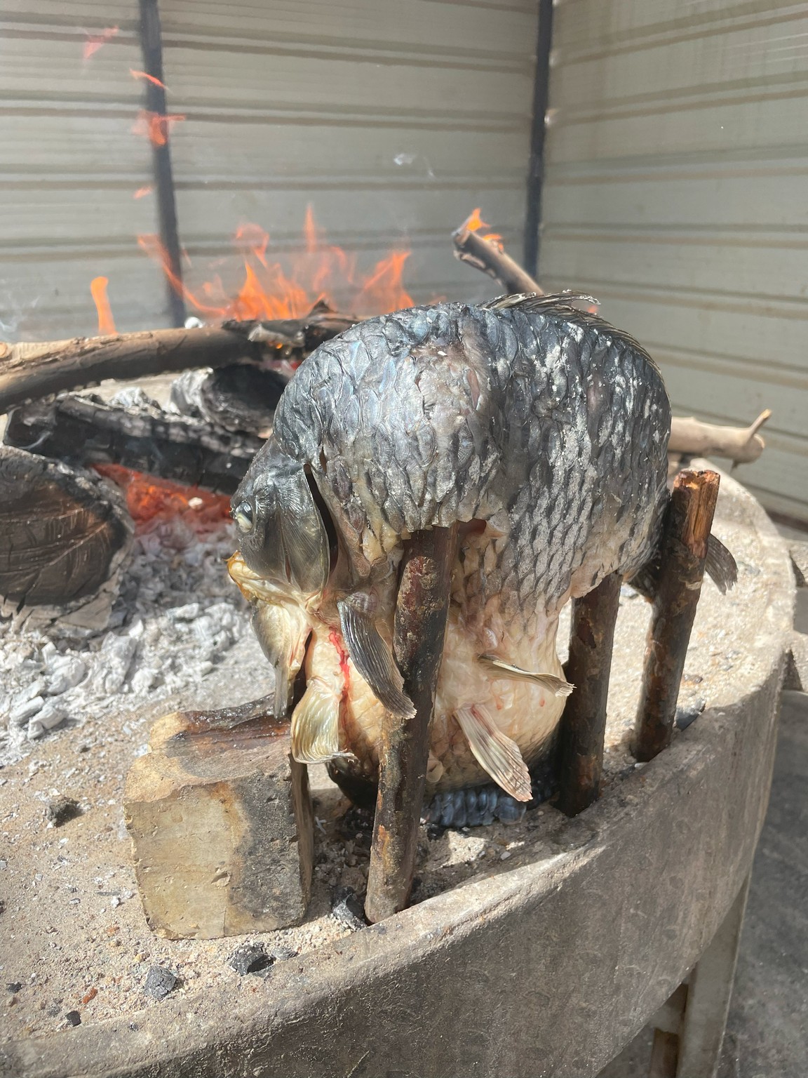a fish on a fire pit