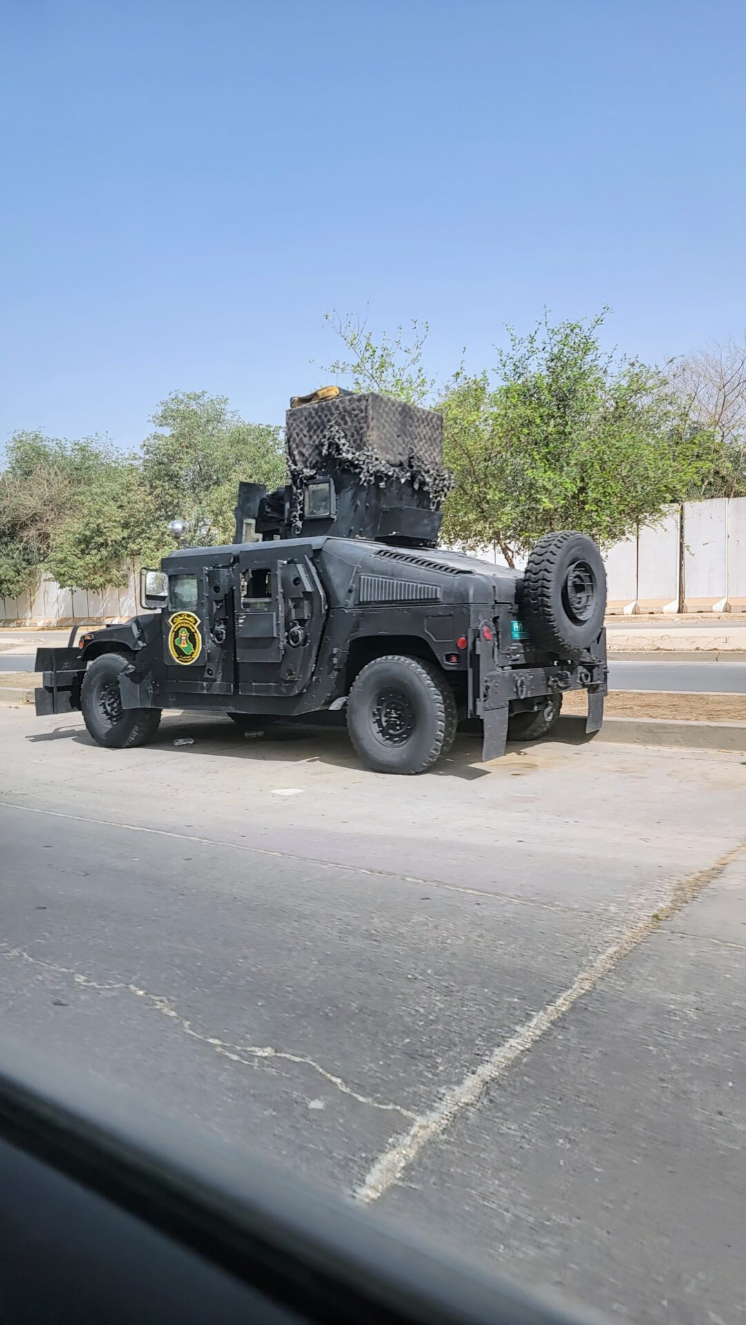 a military vehicle on the road
