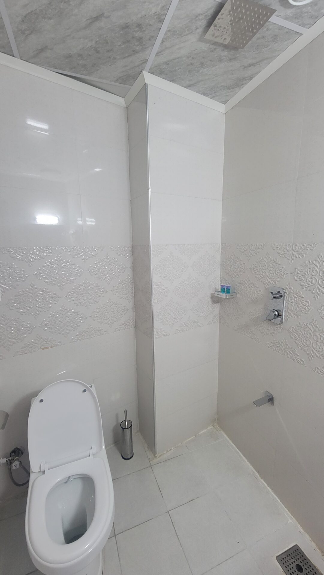 a white bathroom with a toilet and shower