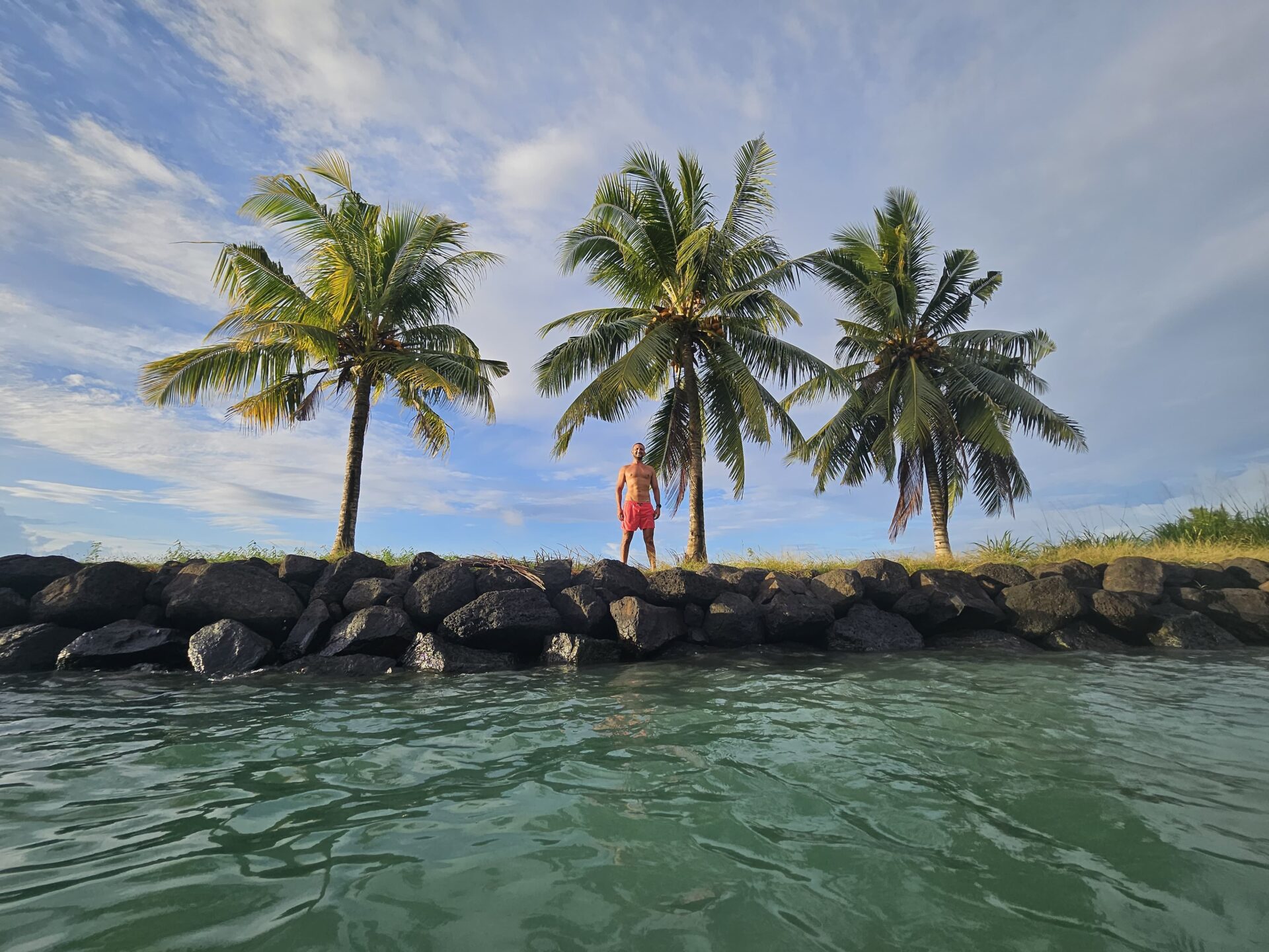 a man standing on rocks near water with palm trees