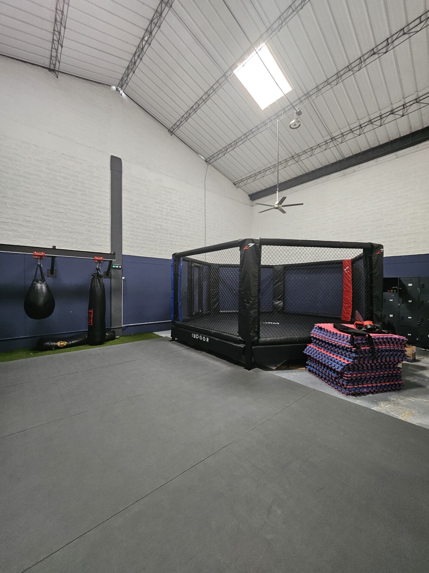 a boxing ring and punching bags in a gym