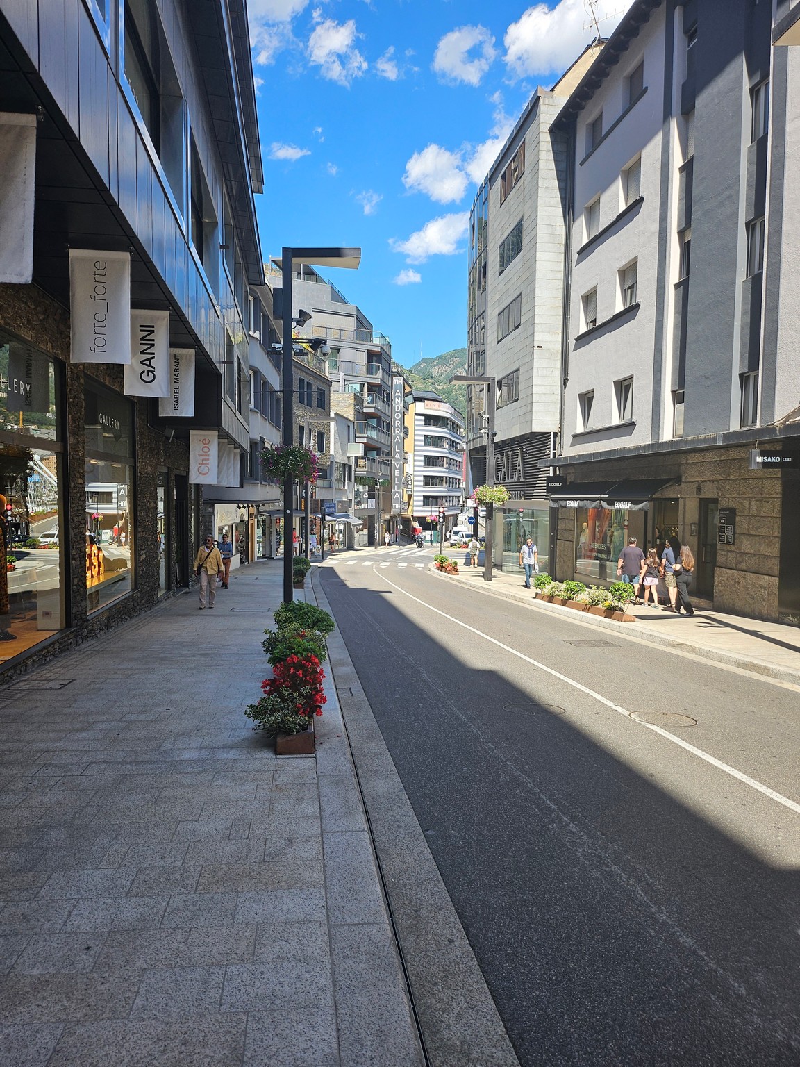 a street with buildings and people walking on it