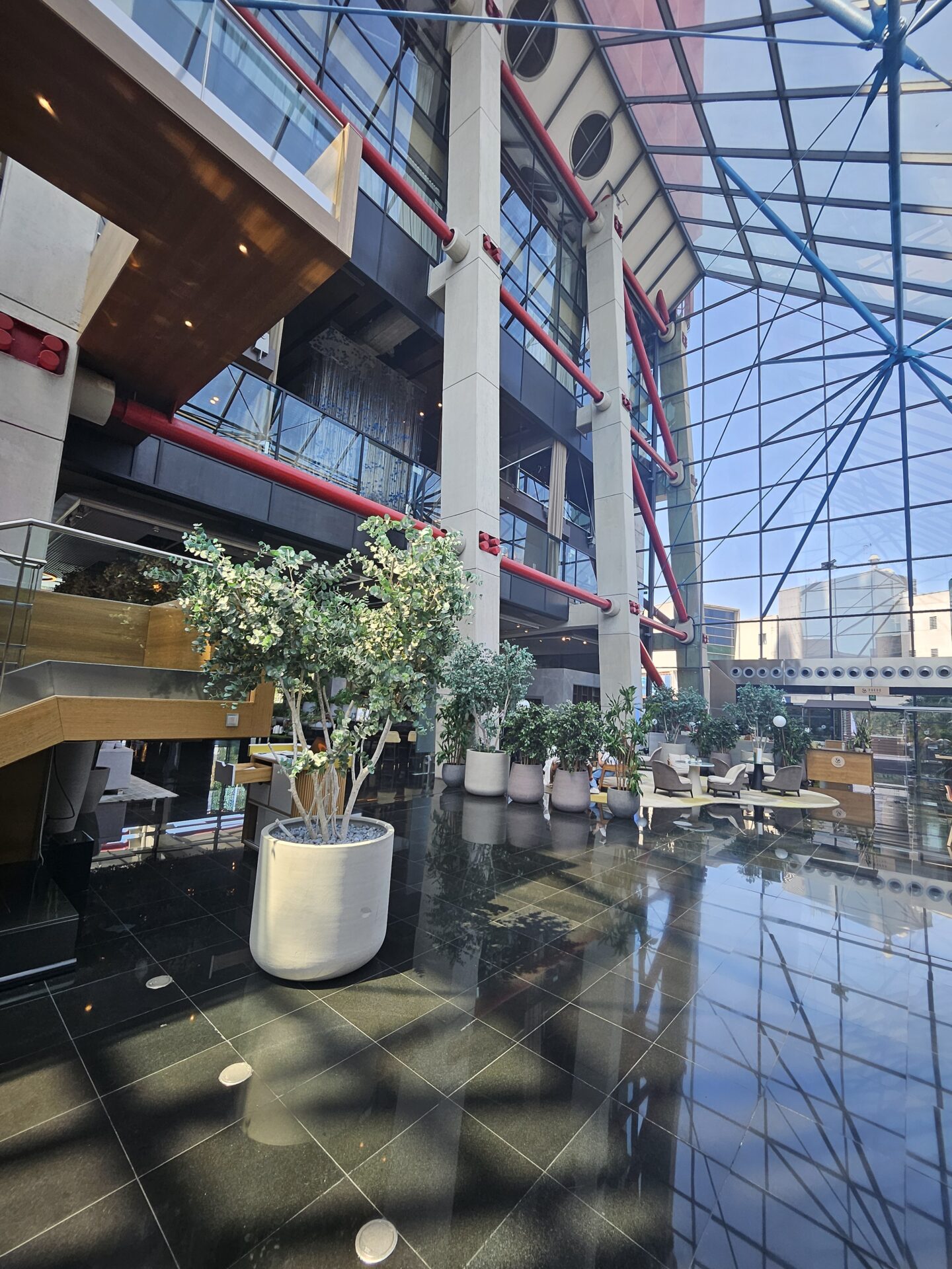 a large glass building with a glass ceiling and a plant in a pot