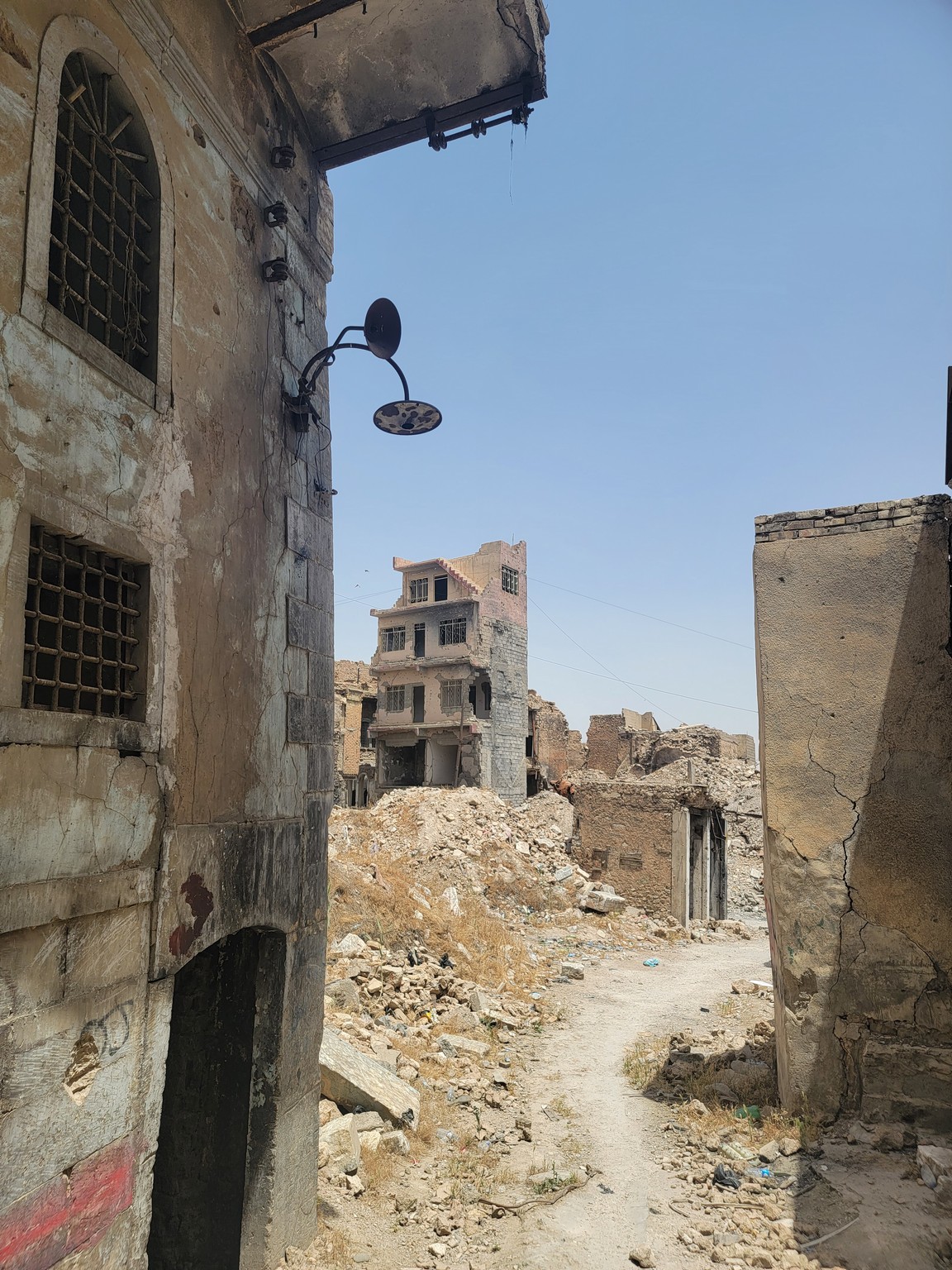 a street light in a ruined building