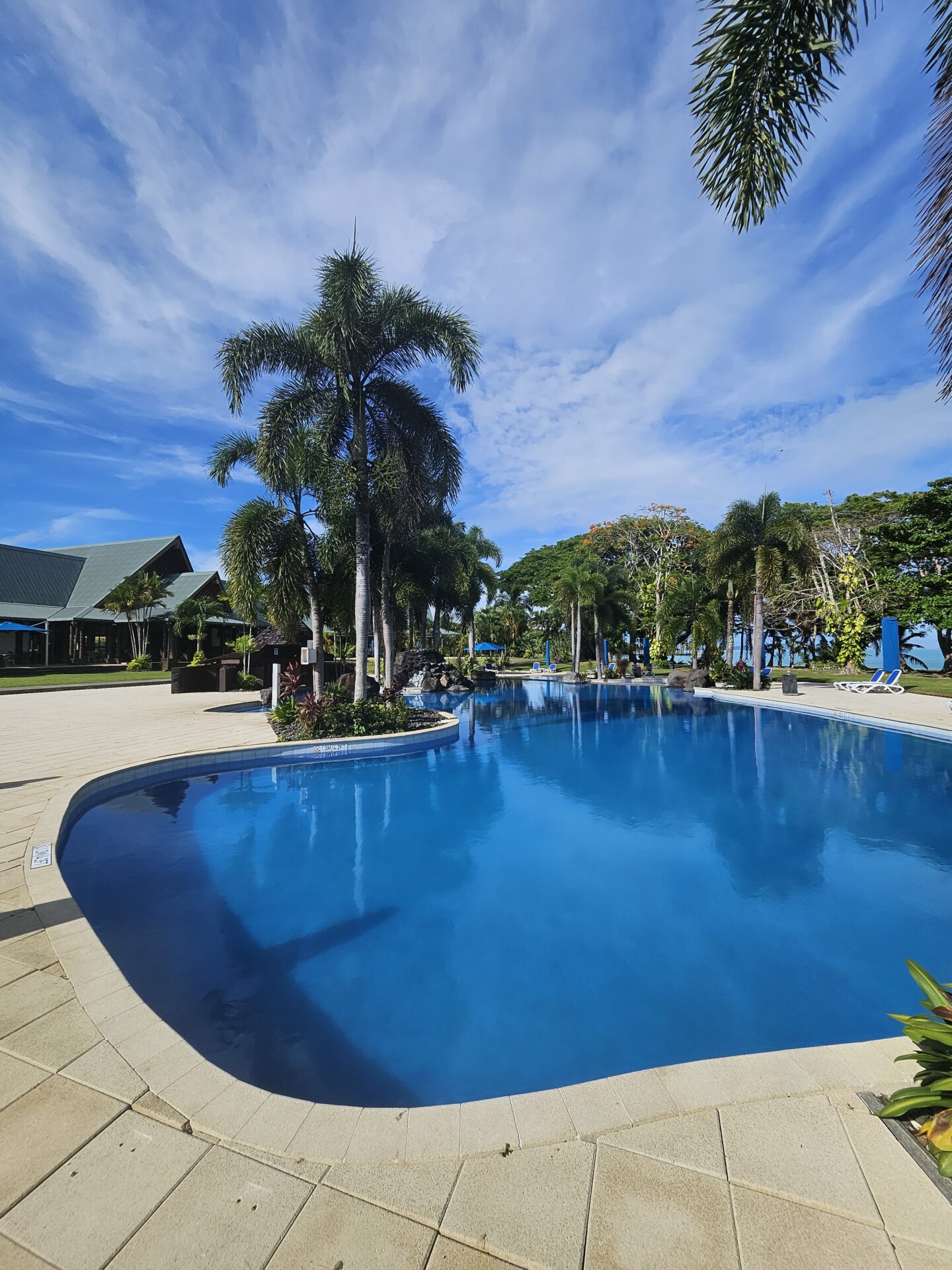 a pool with palm trees and a building