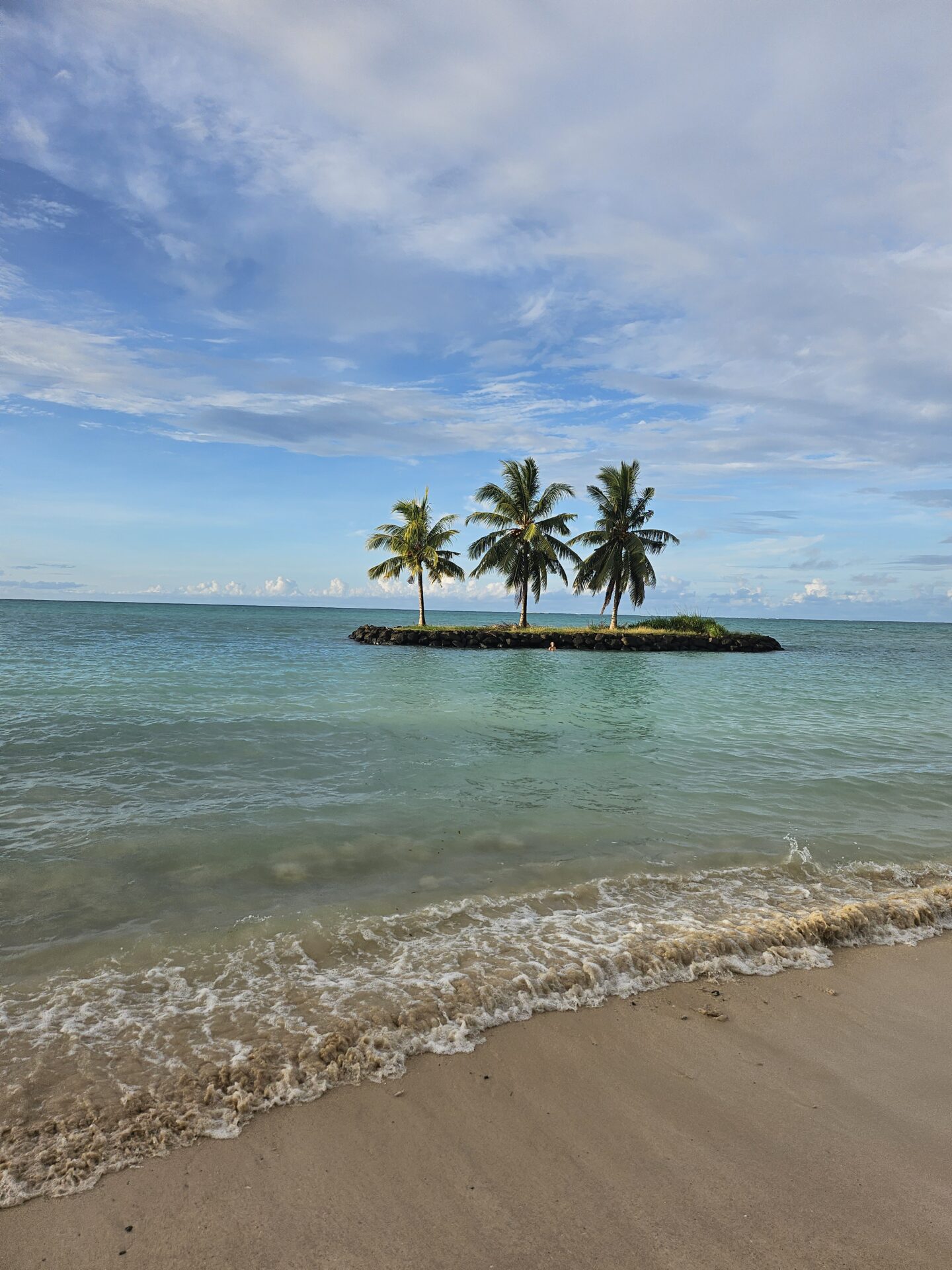 a small island with palm trees in the middle of the ocean