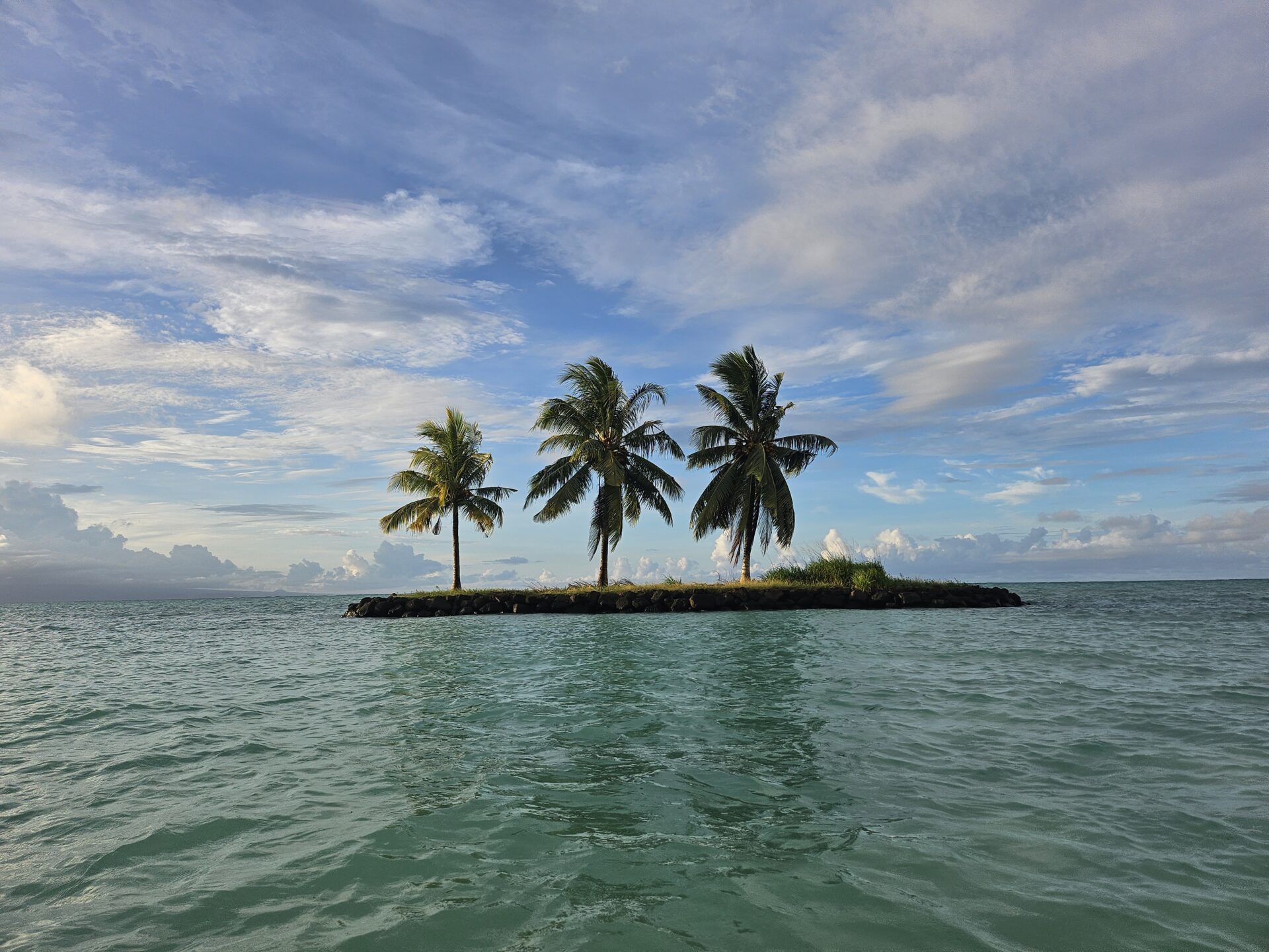 a small island with palm trees in the middle of the water