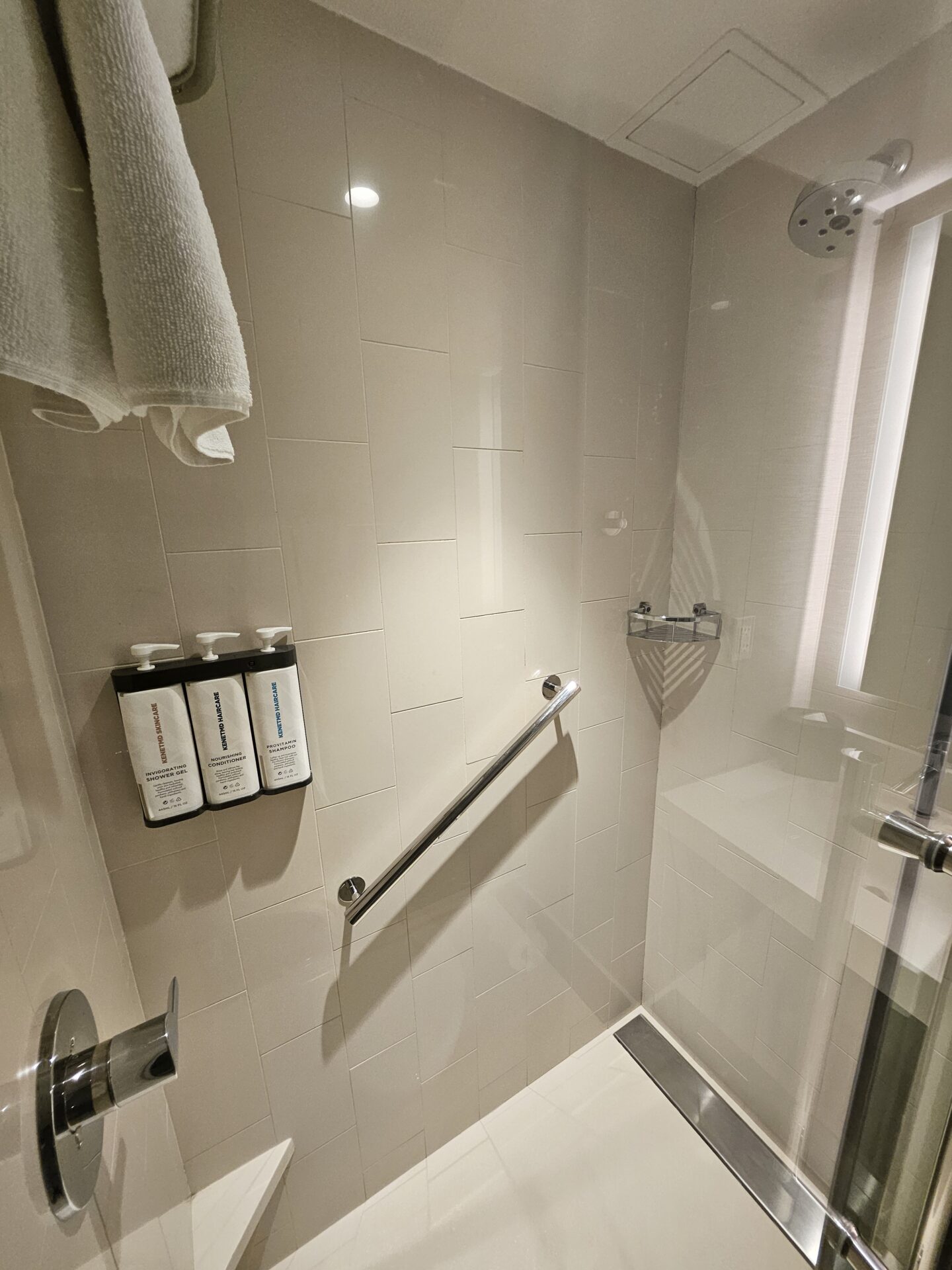 a shower with a towel and a hand rail