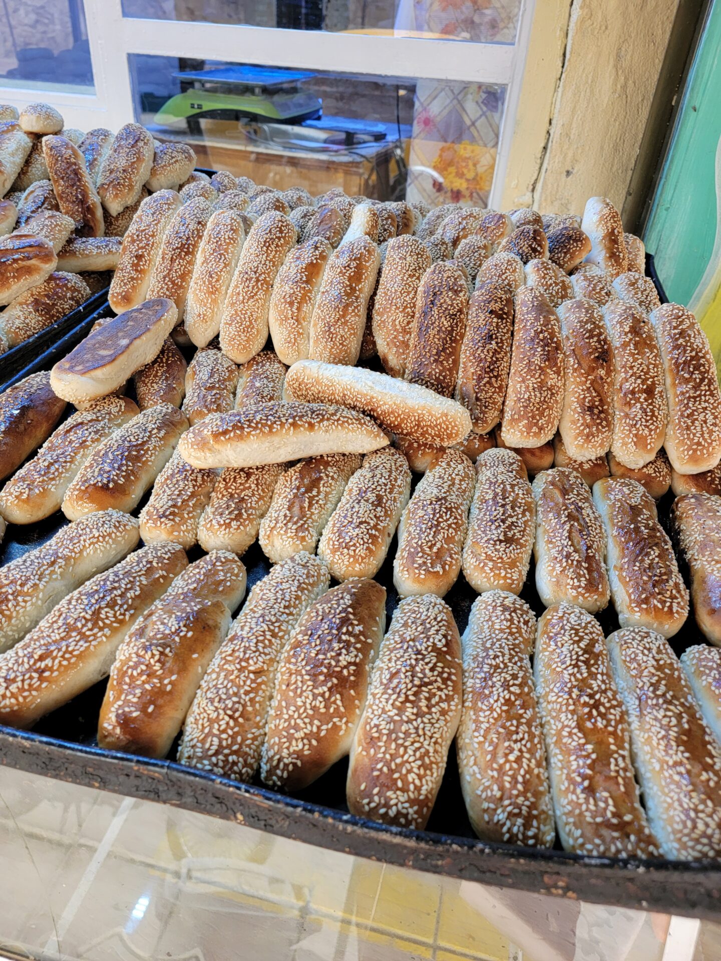 a tray of bread on a table