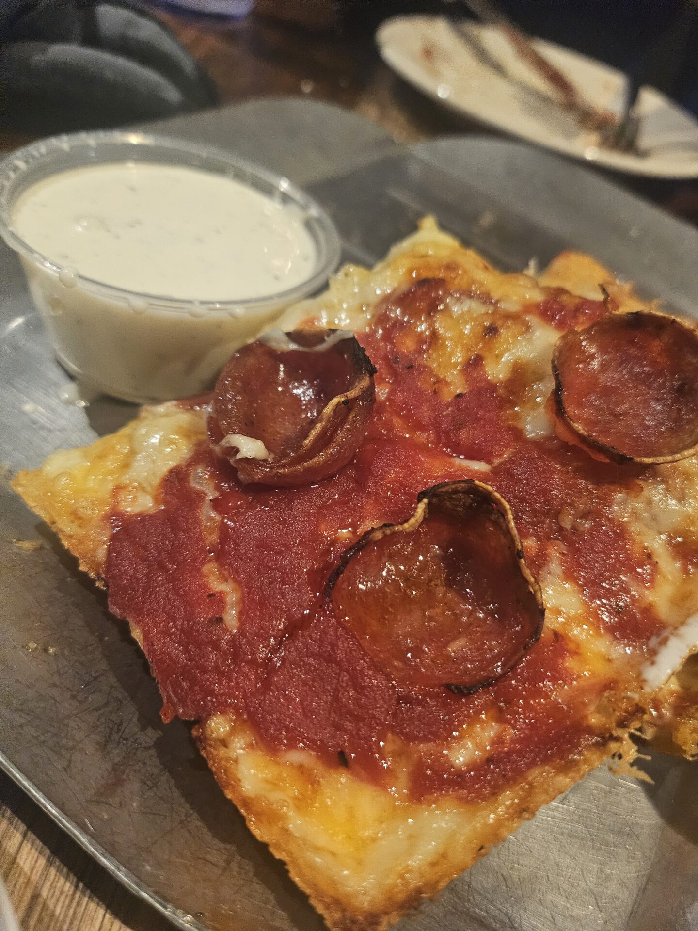 a pizza with sauce on a plate