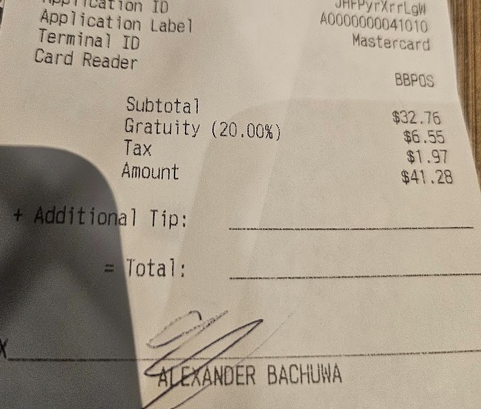 a receipt with a signature