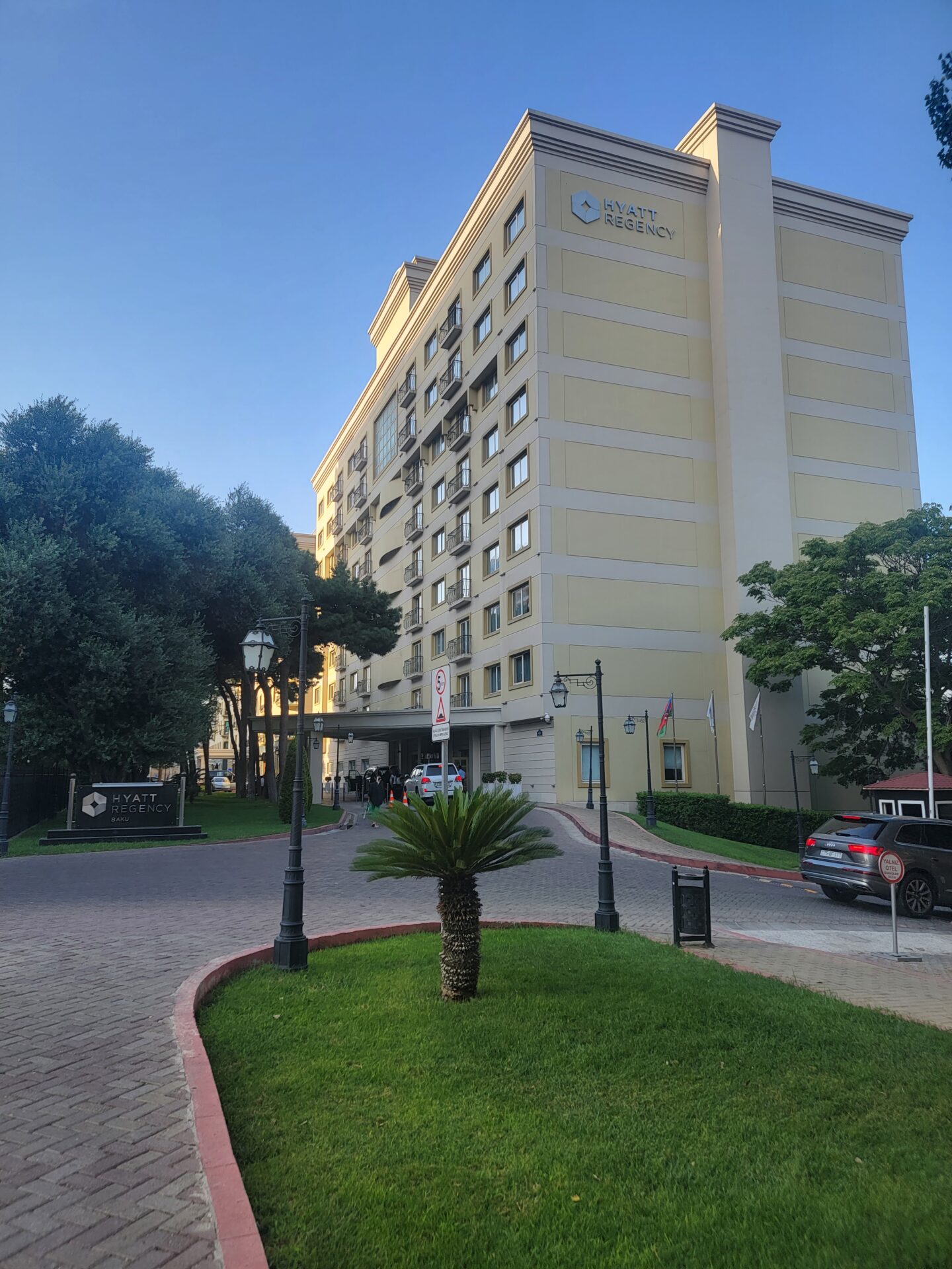 a building with trees and a palm tree in front of it