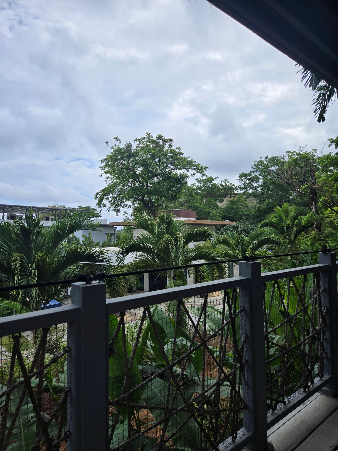 a view of a fence and trees from a balcony