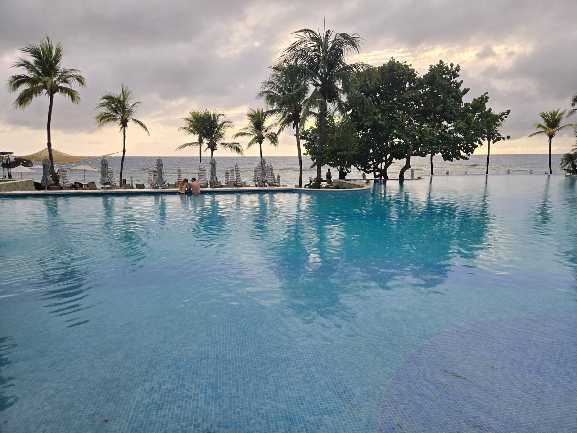 a pool with palm trees and people on it