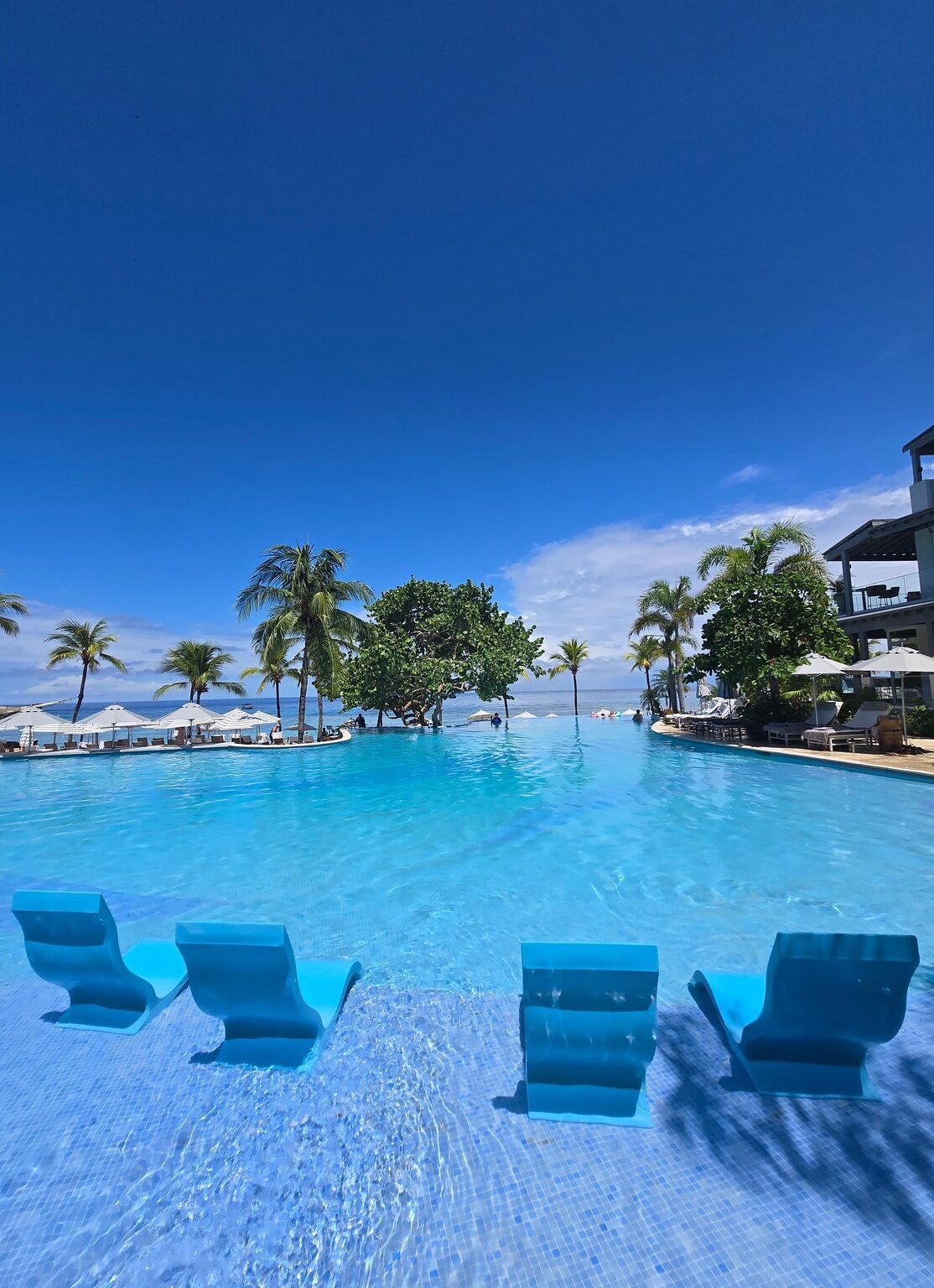 a pool with chairs and trees in the background