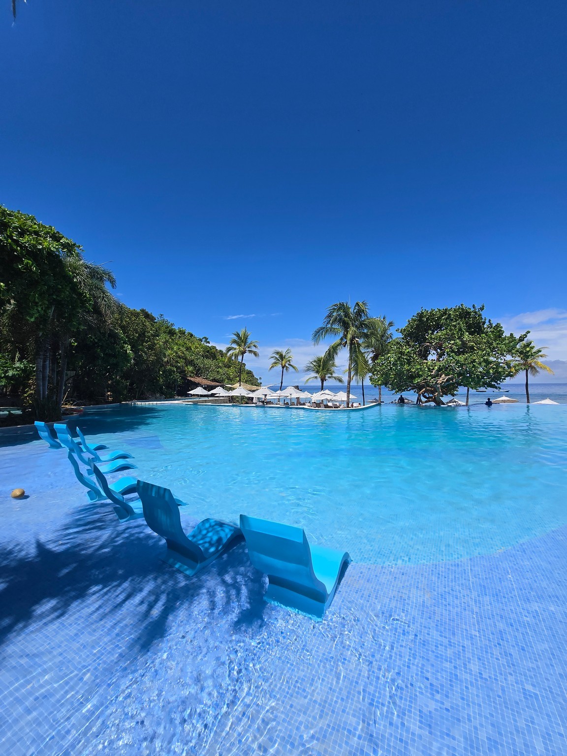a pool with chairs and trees in the background