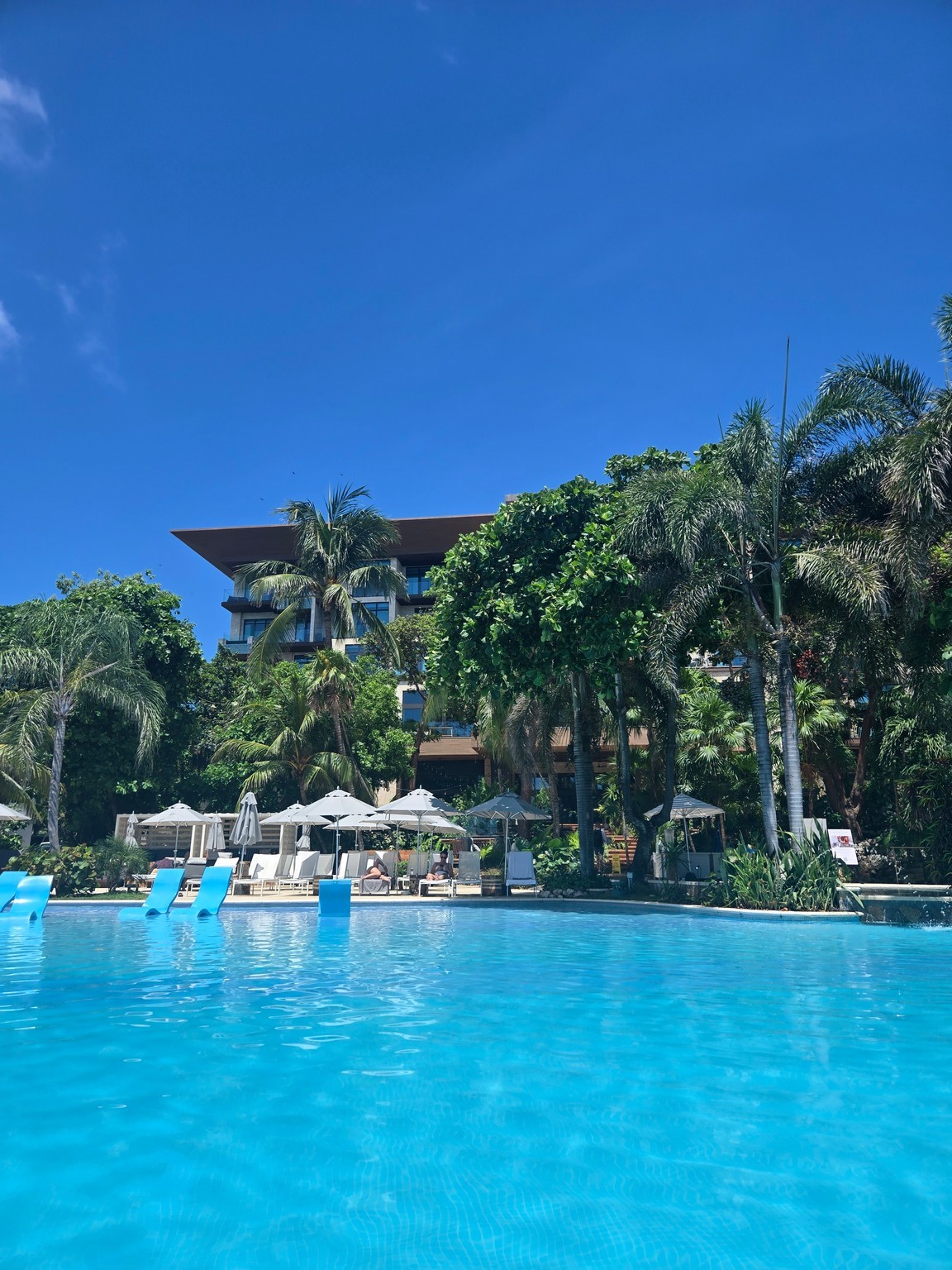 a pool with chairs and umbrellas in front of a building