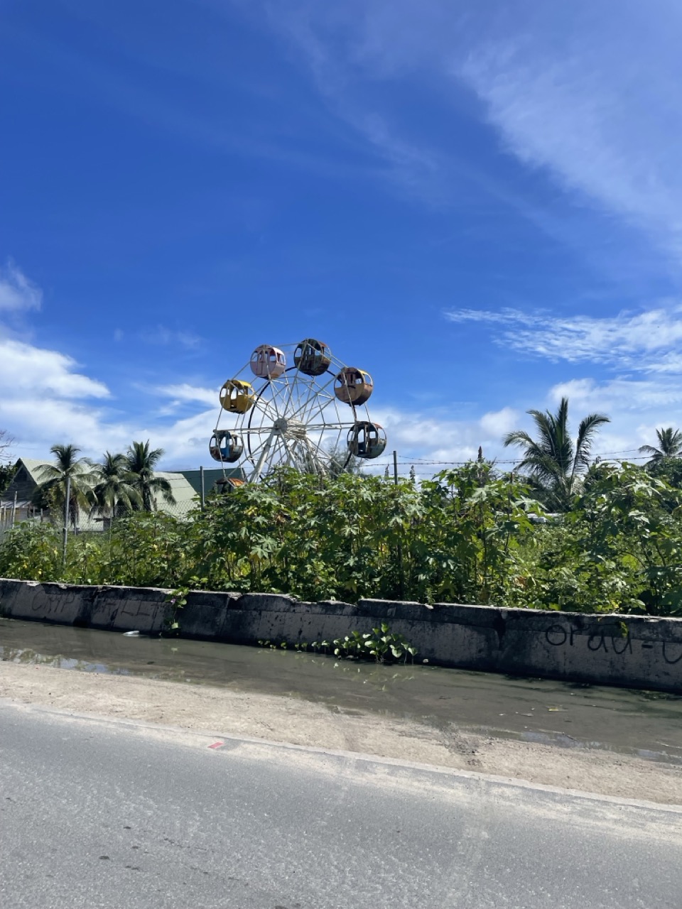 a ferris wheel in front of a fenced in area